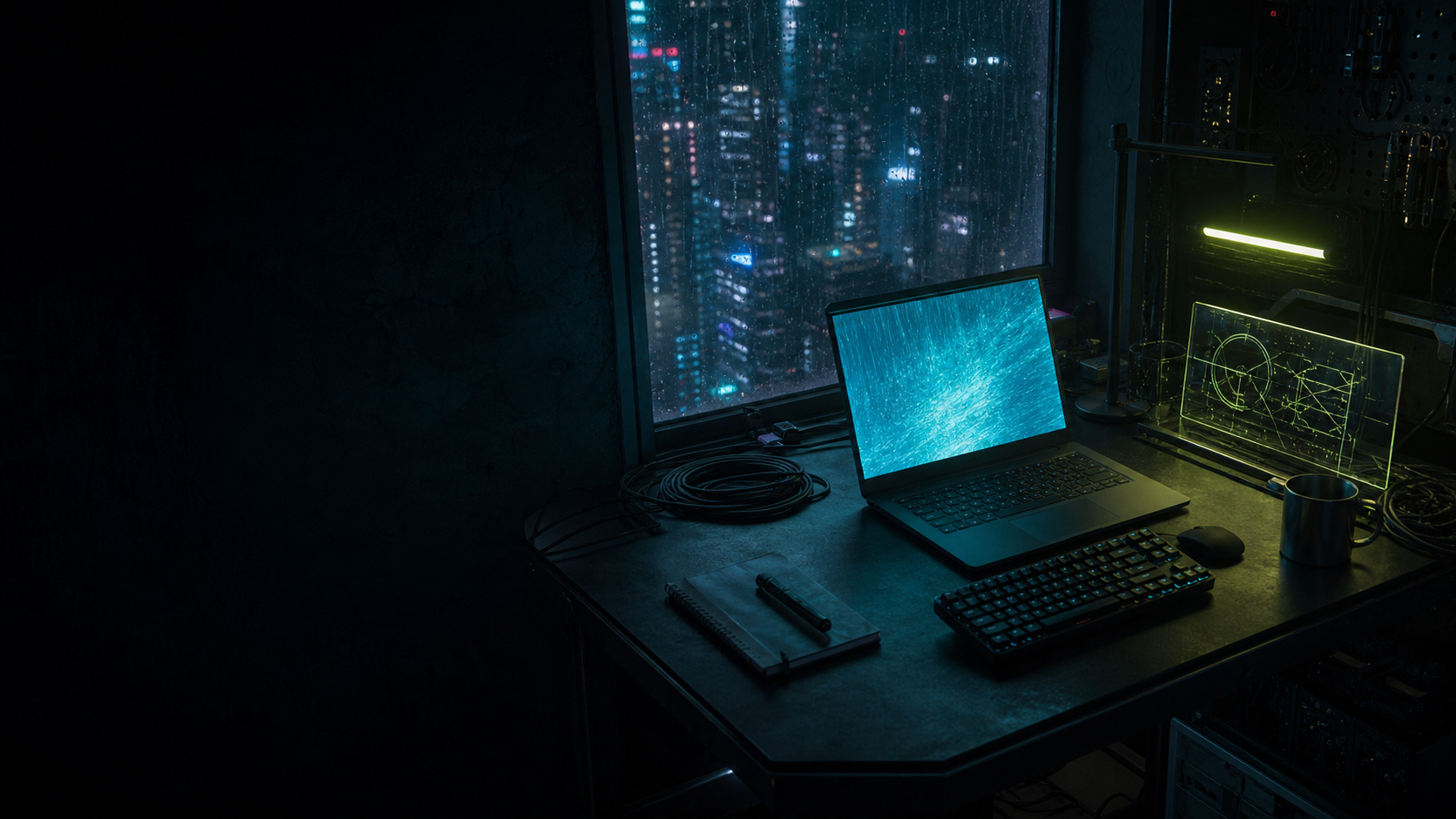 Laptop and devices on a late-night workbench